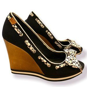 Coach Thalia Monogram Bow Wedge Open Toe Black- Women's size 5.5